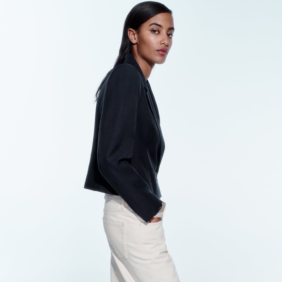 NWT ZARA CROPPED SHOULDER PAD NAVY BLAZER XS - Picture 8 of 9